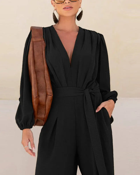 Deep V Neck 3D Design Tie Waist Ruched Overalls Casual Cinched Waist Zipper Back Textured Jumpsuit with Belt black