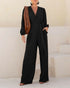 Deep V Neck 3D Design Tie Waist Ruched Overalls Casual Cinched Waist Zipper Back Textured Jumpsuit with Belt black