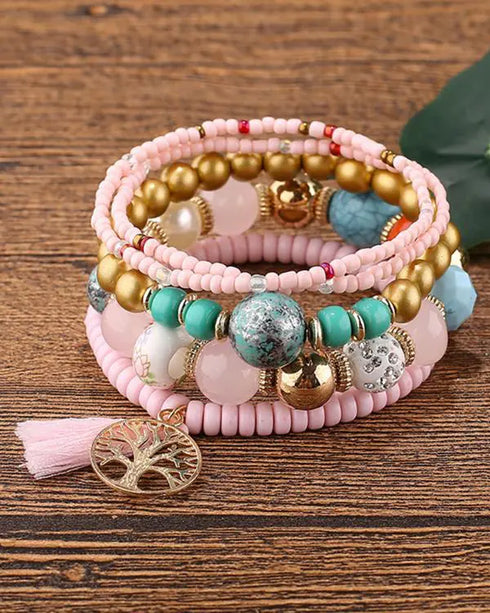 1pc Bohemian Beaded Hollow Out Geometric Tassel Multi-layer Bracelet pink