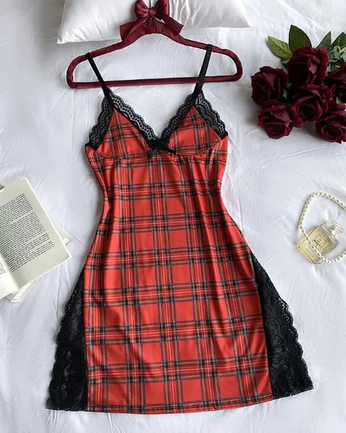 2 Piece Lace Trim Side Slit Bowknot Decor Modal Cami Sleep Dress Cardigan Nightdress Set red