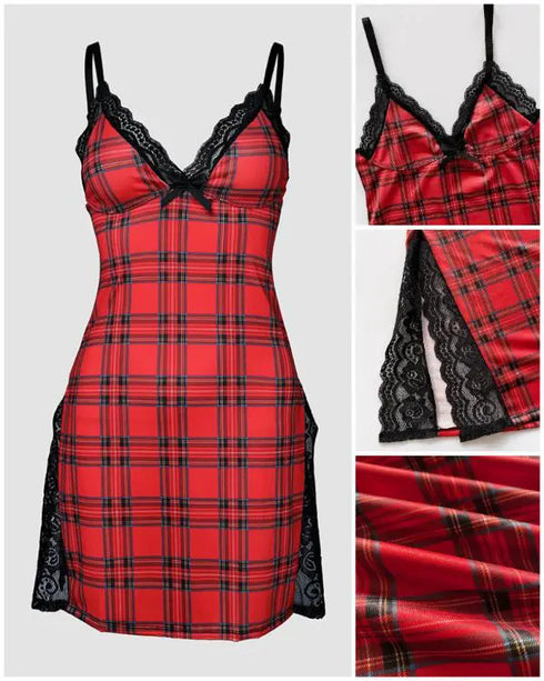 2 Piece Lace Trim Side Slit Bowknot Decor Modal Cami Sleep Dress Cardigan Nightdress Set red