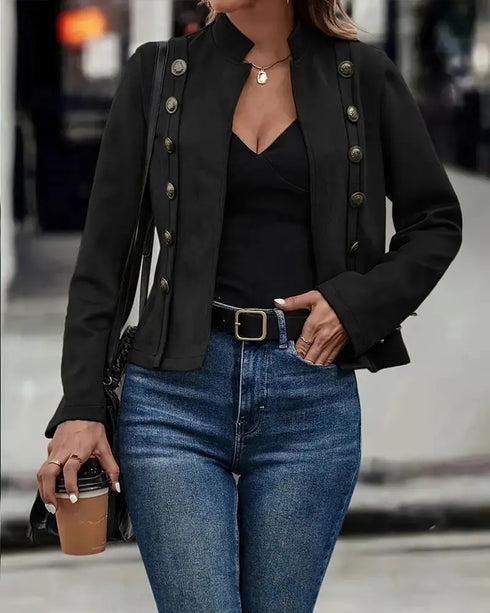 Faux Suede Stand Collar Jacket Open Front Button Decor Casual Coat black