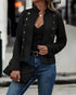 Faux Suede Stand Collar Jacket Open Front Button Decor Casual Coat black