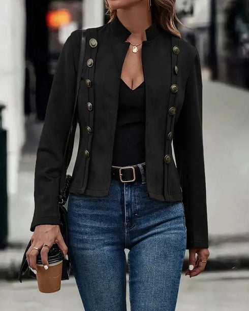 Faux Suede Stand Collar Jacket Open Front Button Decor Casual Coat black