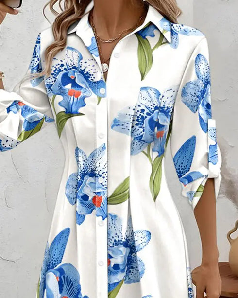 Abstract Print Turn-down Collar Turn-Up Sleeves Shirred Back Dress Casual Button Down Cinched Waist Curved Hem Shirt Dress white