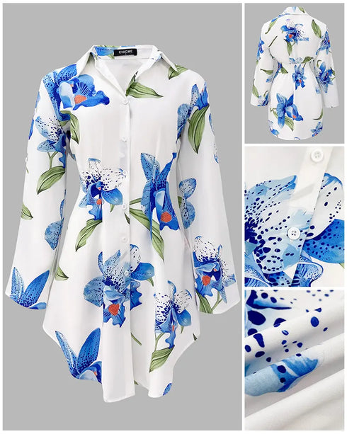 Abstract Print Turn-down Collar Turn-Up Sleeves Shirred Back Dress Casual Button Down Cinched Waist Curved Hem Shirt Dress white