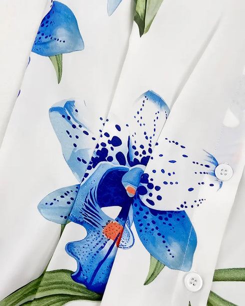 Abstract Print Turn-down Collar Turn-Up Sleeves Shirred Back Dress Casual Button Down Cinched Waist Curved Hem Shirt Dress white