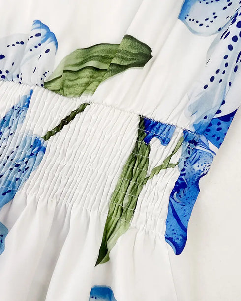 Abstract Print Turn-down Collar Turn-Up Sleeves Shirred Back Dress Casual Button Down Cinched Waist Curved Hem Shirt Dress white