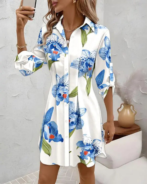 Butterfly Print Turn-down Collar Long Sleeve Casual Shirred Shirt Dress white