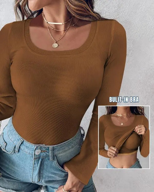 ChicMe Built-in Bra U-Neck Long Sleeve Ribbed Top coffee