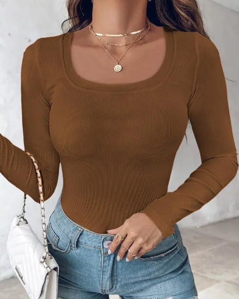 ChicMe Built-in Bra U-Neck Long Sleeve Ribbed Top coffee