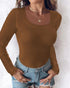 ChicMe Built-in Bra U-Neck Long Sleeve Ribbed Top coffee