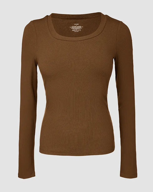 ChicMe Built-in Bra U-Neck Long Sleeve Ribbed Top coffee