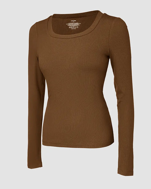 ChicMe Built-in Bra U-Neck Long Sleeve Ribbed Top coffee