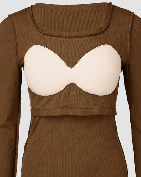 ChicMe Built-in Bra U-Neck Long Sleeve Ribbed Top coffee