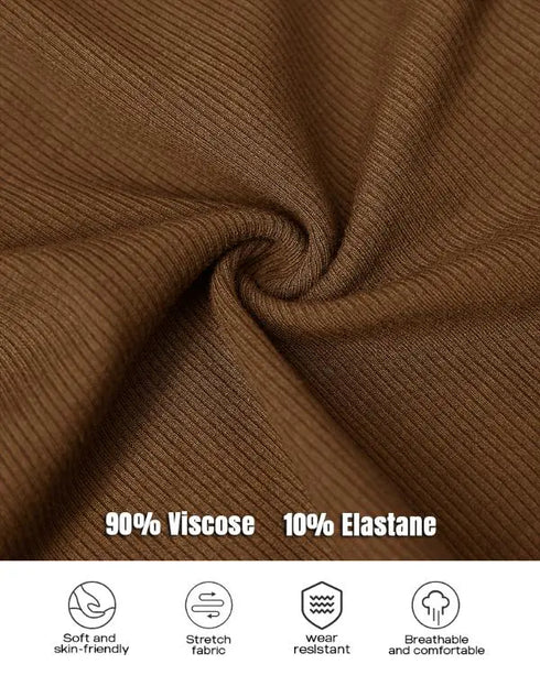 ChicMe Built-in Bra U-Neck Long Sleeve Ribbed Top coffee