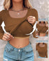 ChicMe Built-in Bra U-Neck Long Sleeve Ribbed Top coffee