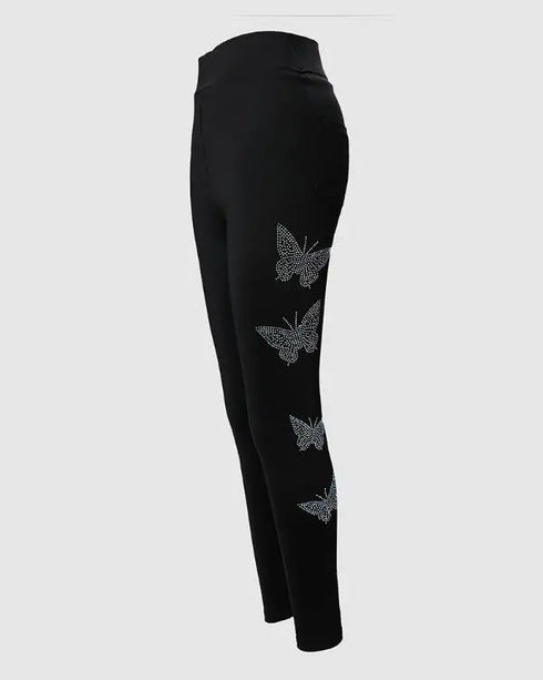 Rhinestone Butterfly Pattern High Waist Skinny Pants black