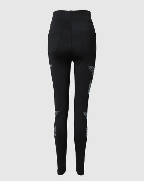 Rhinestone Butterfly Pattern High Waist Skinny Pants black