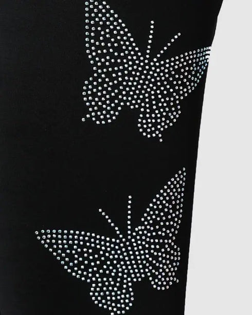 Rhinestone Butterfly Pattern High Waist Skinny Pants black