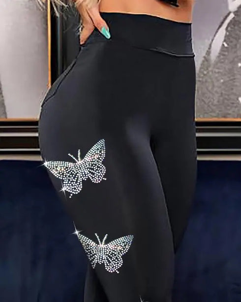 Rhinestone Butterfly Pattern High Waist Skinny Pants black