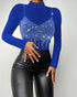 Mock Neck Long Sleeve Rhinestone Decor Top blue