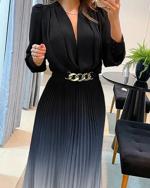 Elegant Women's Puff Long Sleeve V-neck Pleated Maxi Dress Dinner Dress (Without Belt) gray