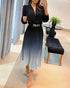 Elegant Women's Puff Long Sleeve V-neck Pleated Maxi Dress Dinner Dress (Without Belt) gray