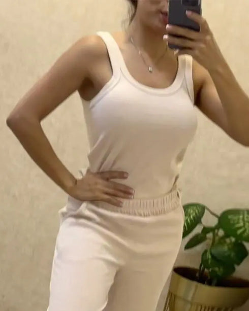 2 Piece Outfits Notch Neck Sleeveless Top Stretchy Waist Straight Leg Pants Lounge Sets Tracksuit Apricot