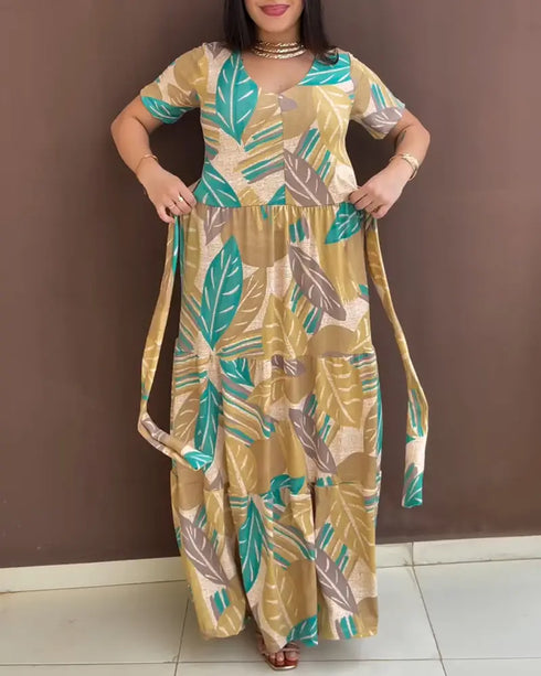 Plants Print Short Sleeve Tied Detail Maxi Dress Casual Waist Flowy A Line Dress dark yellow