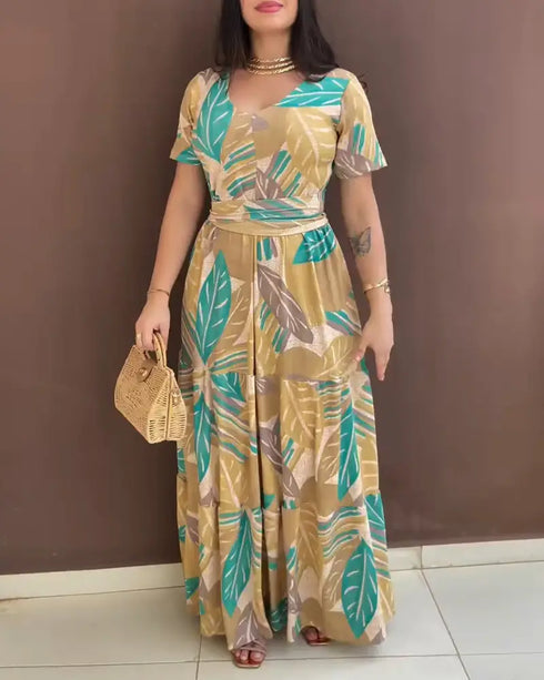 Plants Print Short Sleeve Tied Detail Maxi Dress Casual Waist Flowy A Line Dress dark yellow