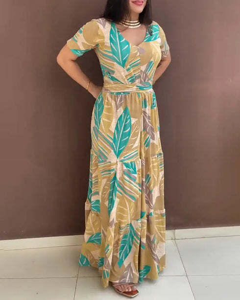 Plants Print Short Sleeve Tied Detail Maxi Dress Casual Waist Flowy A Line Dress dark yellow