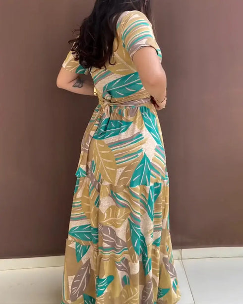 Plants Print Short Sleeve Tied Detail Maxi Dress Casual Waist Flowy A Line Dress dark yellow