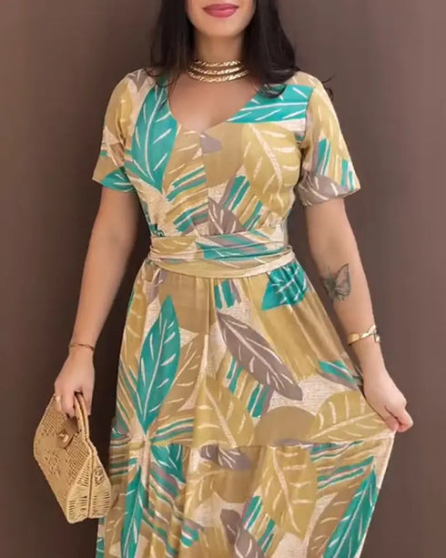 Plants Print Short Sleeve Tied Detail Maxi Dress Casual Waist Flowy A Line Dress dark yellow