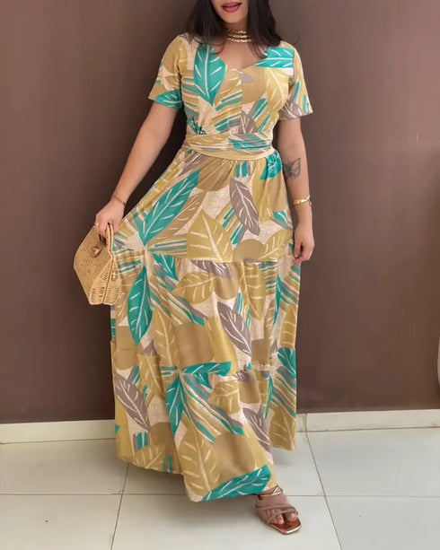 Plants Print Short Sleeve Tied Detail Maxi Dress Casual Waist Flowy A Line Dress dark yellow