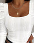 Jacquard Square Neck Puff Sleeve Eyelet Embroidery T-Shirt Long Sleeve Slim Fit Top white