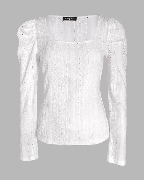Jacquard Square Neck Puff Sleeve Eyelet Embroidery T-Shirt Long Sleeve Slim Fit Top white