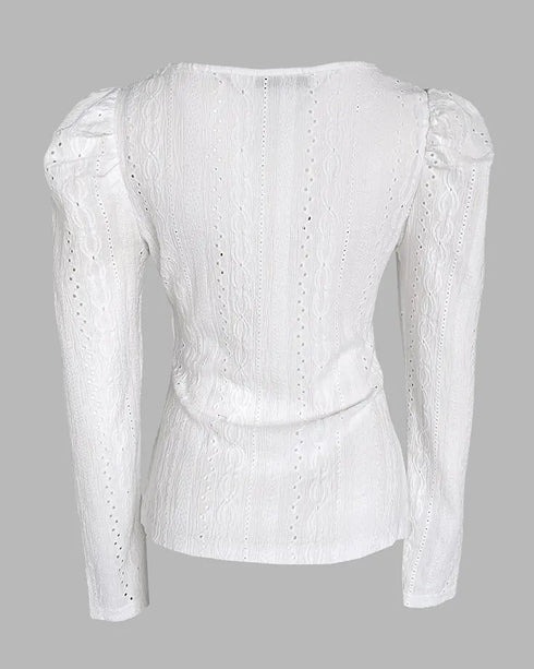Jacquard Square Neck Puff Sleeve Eyelet Embroidery T-Shirt Long Sleeve Slim Fit Top white