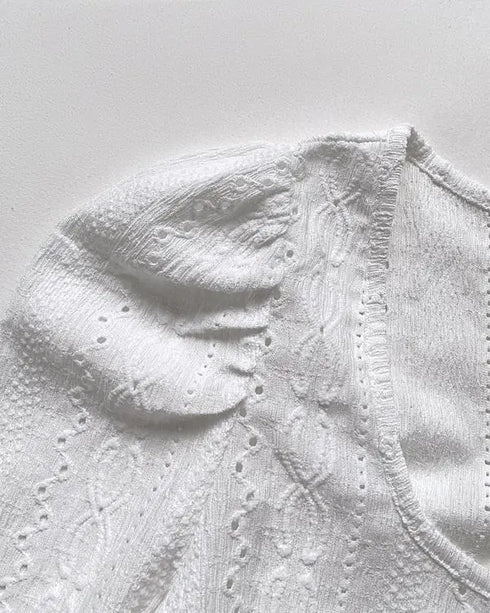 Jacquard Square Neck Puff Sleeve Eyelet Embroidery T-Shirt Long Sleeve Slim Fit Top white