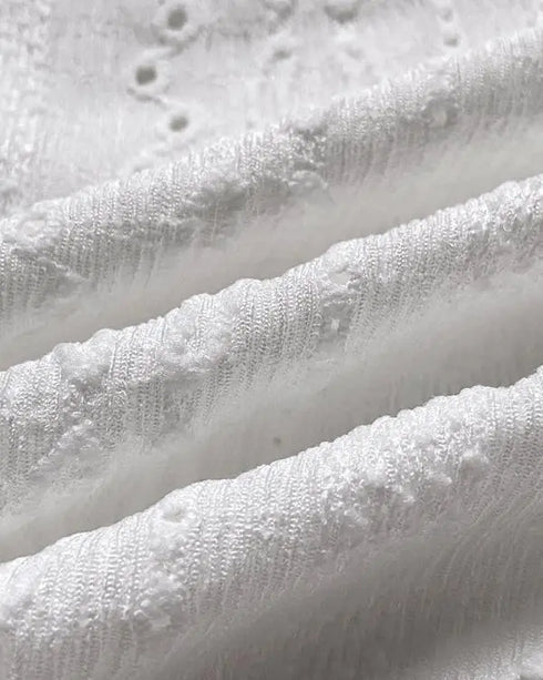 Jacquard Square Neck Puff Sleeve Eyelet Embroidery T-Shirt Long Sleeve Slim Fit Top white