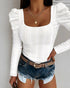 Jacquard Square Neck Puff Sleeve Eyelet Embroidery T-Shirt Long Sleeve Slim Fit Top white