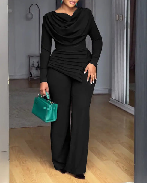 Cowl Neck Asymmetrical Textured Patchwork Cinched Waist Jumpsuit Casual Zipper Back Wide Leg Jumpsuit black