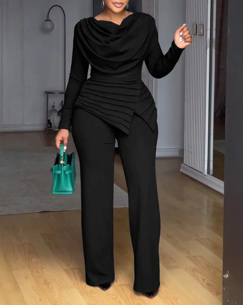 Cowl Neck Asymmetrical Textured Patchwork Cinched Waist Jumpsuit Casual Zipper Back Wide Leg Jumpsuit black