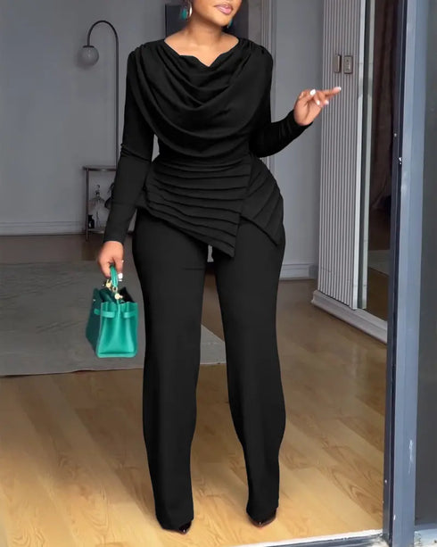 Cowl Neck Asymmetrical Textured Patchwork Cinched Waist Jumpsuit Casual Zipper Back Wide Leg Jumpsuit black