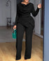 Cowl Neck Asymmetrical Textured Patchwork Cinched Waist Jumpsuit Casual Zipper Back Wide Leg Jumpsuit black