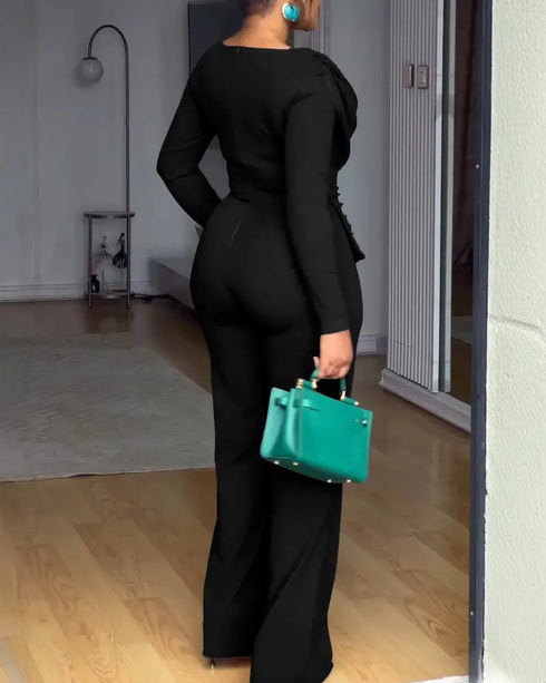 Cowl Neck Asymmetrical Textured Patchwork Cinched Waist Jumpsuit Casual Zipper Back Wide Leg Jumpsuit black