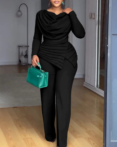 Cowl Neck Asymmetrical Textured Patchwork Cinched Waist Jumpsuit Casual Zipper Back Wide Leg Jumpsuit black