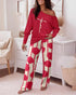 2 Pieces Outfit Christmas Tree Print Plaid Print Spliced Long Sleeve Top and Plaid Print Elastic Waist Pants Set Casual Pajamas Set red