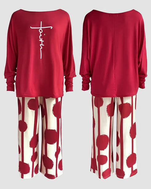 2 Pieces Outfit Letter and Heart Print Long Sleeve Top and Casual Plaid Pnats Sets with Pocket red