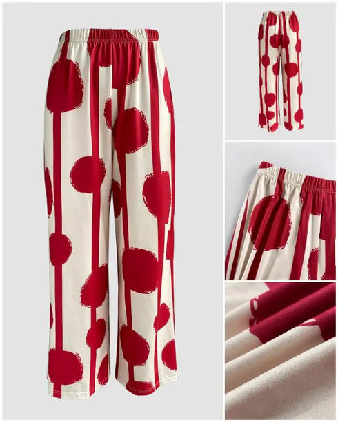2 Pieces Outfit Cherry Print Round Neck Drop Shoulder Top and Elastic Waist Pants Set Casual Ribbed Flannel Pajamas Set red